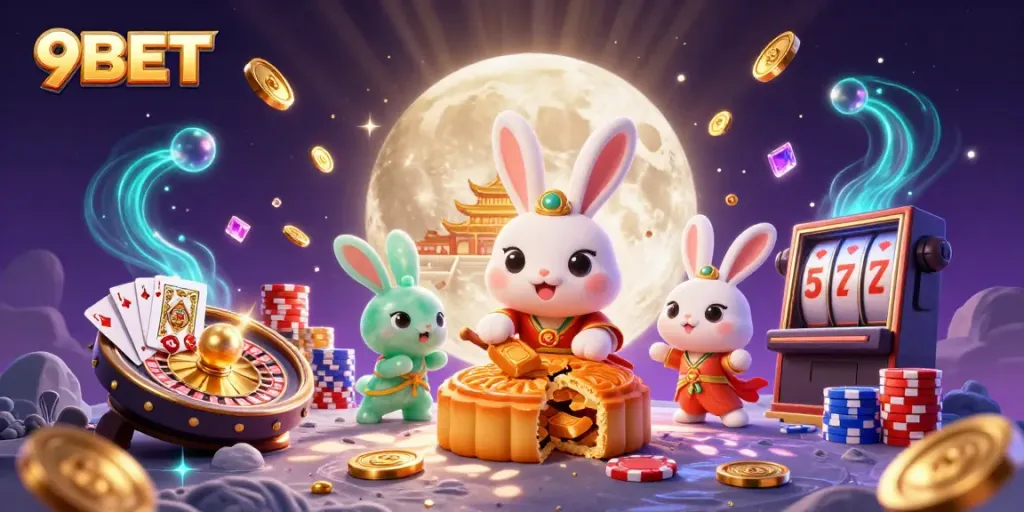 Play slots and win with 9BET's exciting casino games, featuring vibrant 3D illustrations.
