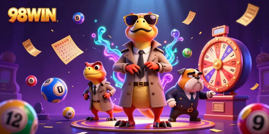 98WIN players enjoy a vibrant casino scene with raptors in disguise and exciting game elements.