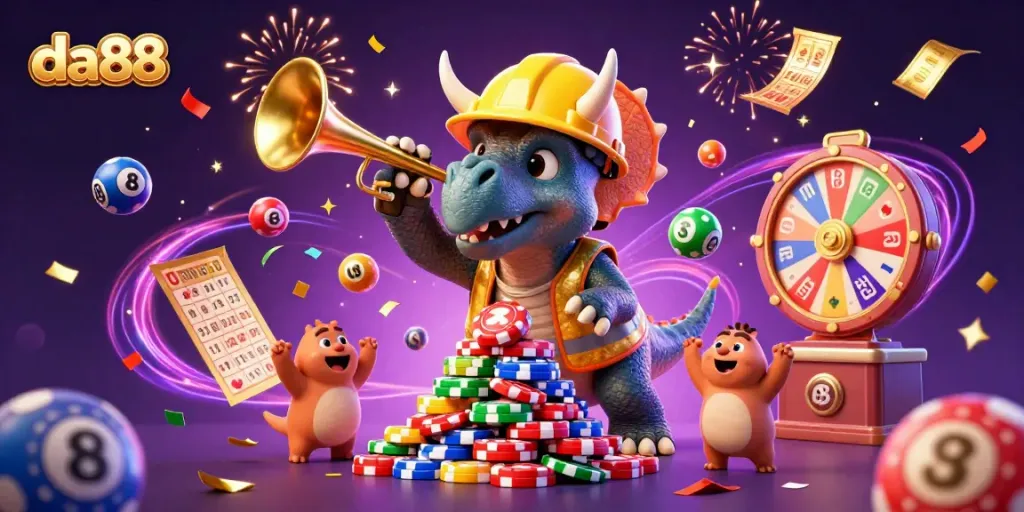 Celebrate with da88 as a triceratops builds poker chips, surrounded by lottery fun!