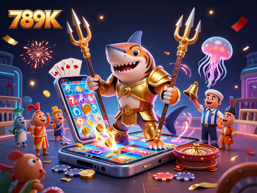Engage in thrilling slot games with 789K, showcasing a shark gladiator in action.