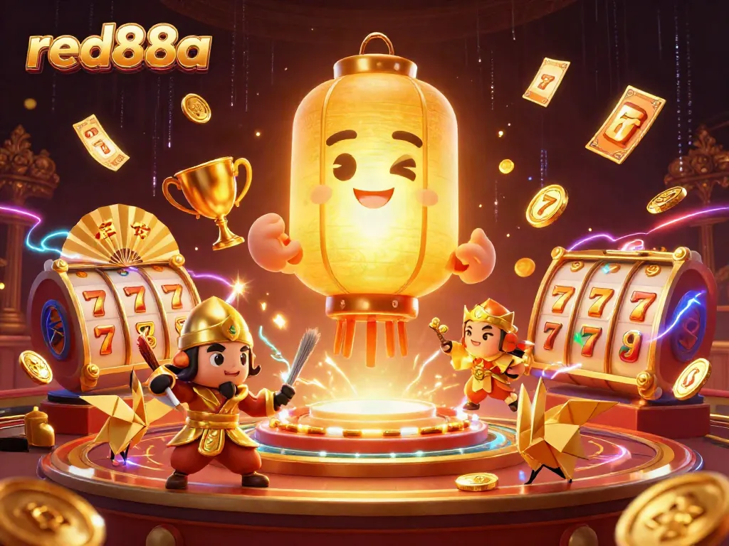 Win big with red88a's dynamic slots scene featuring golden lantern spirits and casino elements.