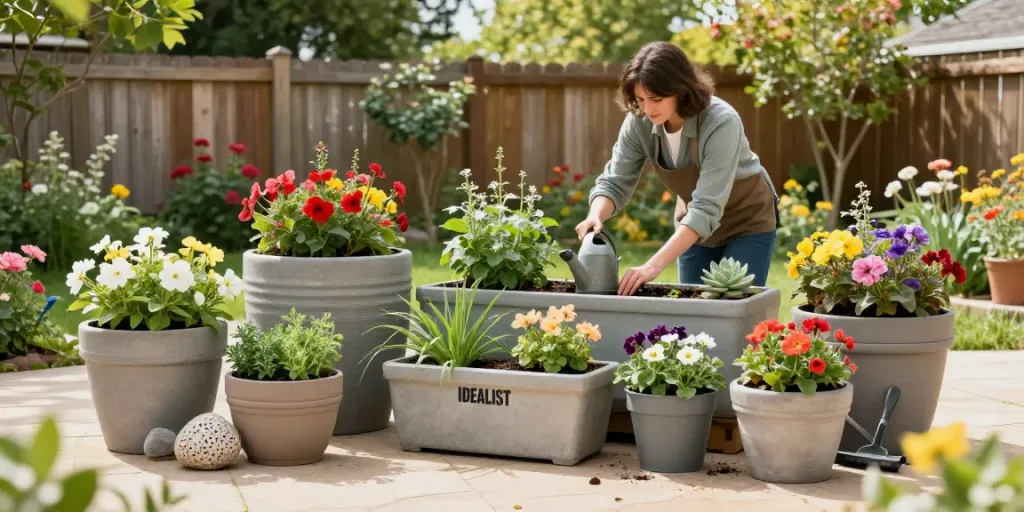 IDEALIST Planters filled with colorful flowers in a serene garden setting.
