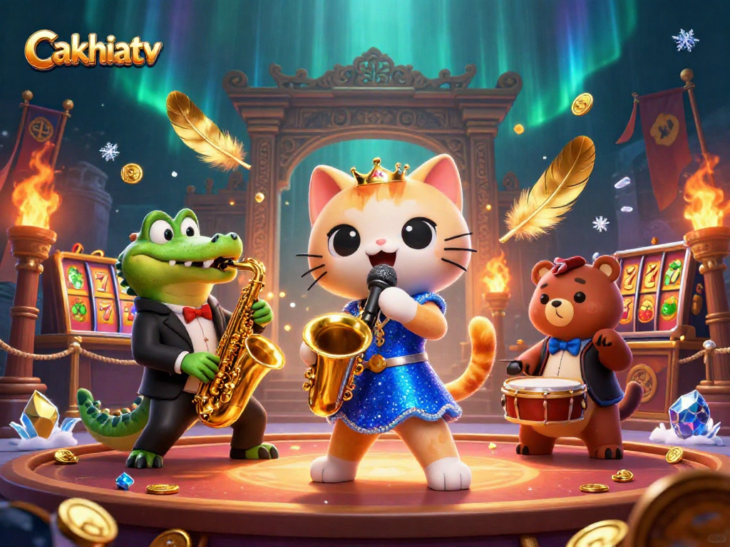 Cakhiatv showcases vibrant casino action with a jazz-singing cat, crocodile on saxophone, and a bear cub drummer.