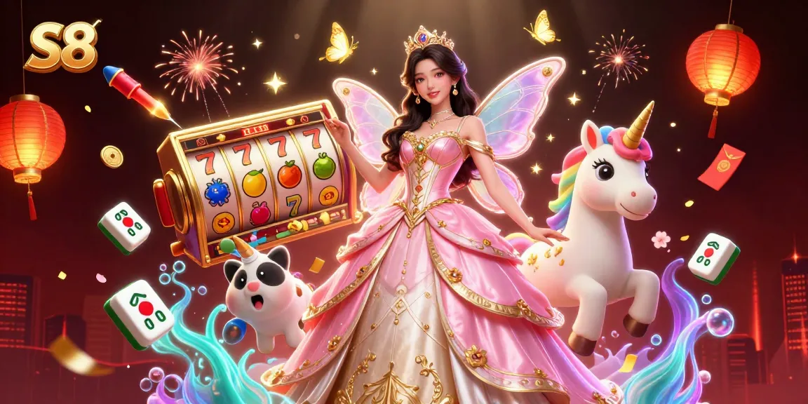 S8 players experience explosive wins with colorful slot reels, shimmering unicorns, and exciting casino elements