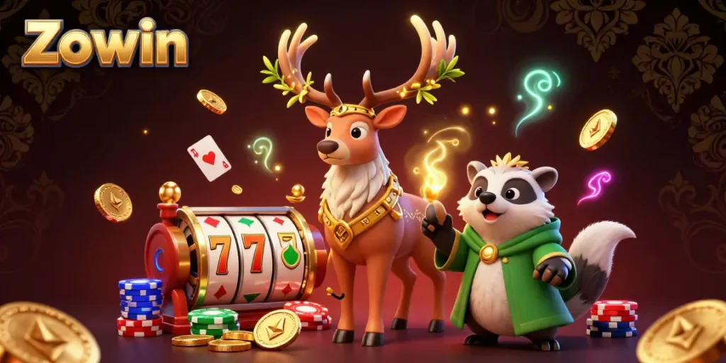 Zowin brings excitement with 3D characters and vibrant gambling elements in this thrilling casino scene.