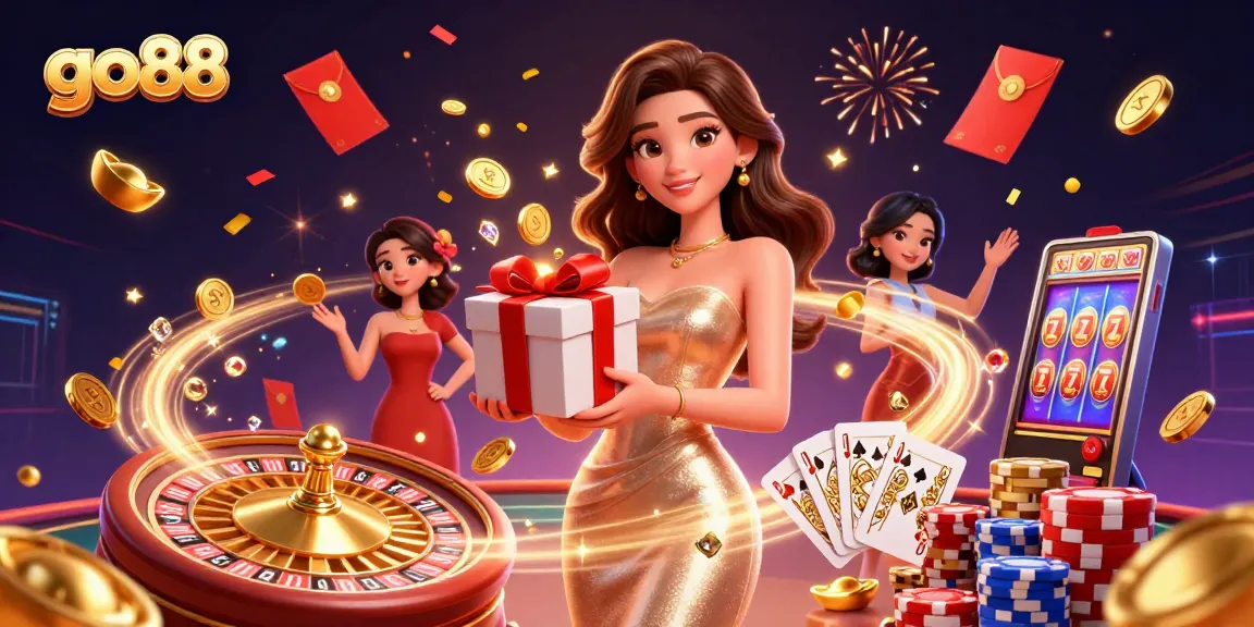 Experience thrilling moments at go88 with an Asian woman celebrating among casino riches and gaming elements.