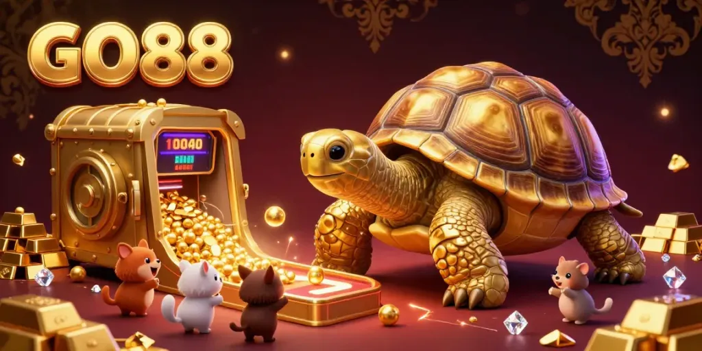 Experience the excitement of GO88's casino atmosphere with a vibrant arcade featuring a golden tortoise pinball machine.