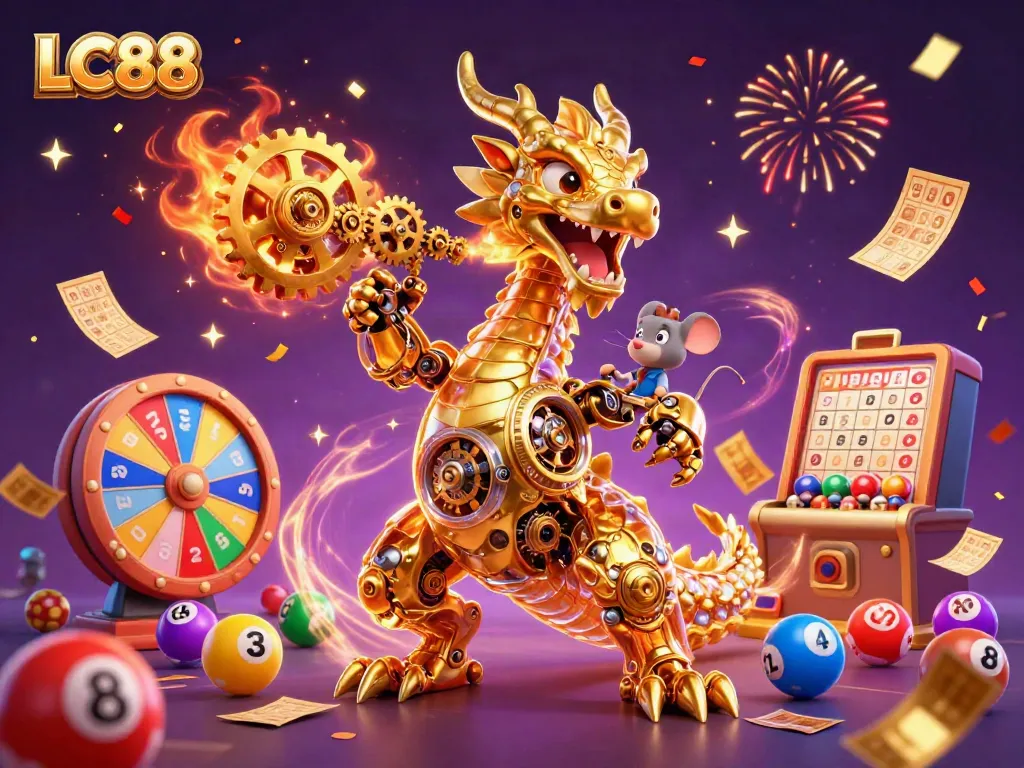 Engage with LC88 in a vibrant casino-themed illustration featuring a dragon and dynamic game elements.