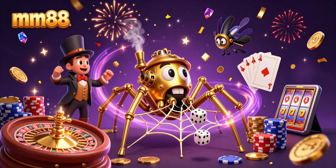 Capture winnings at mm88 with a dynamic scene of a steampunk spider and amused fly gentleman in a rich casino atmosphere.