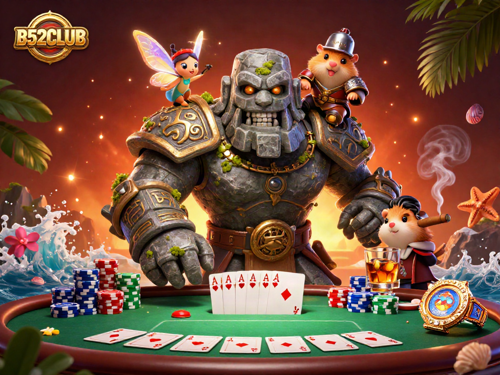 Engage in exciting poker games at B52CLUB featuring a dynamic scene of a magical golem and companions.