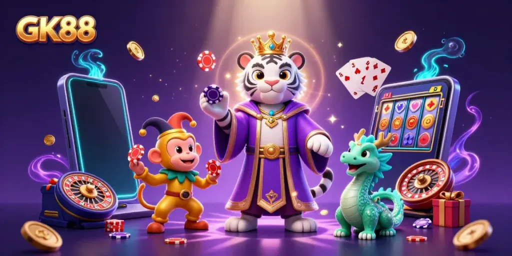 Experience GK88 with an engaging casino atmosphere featuring a majestic tiger, playful monkey, and magical dragon.