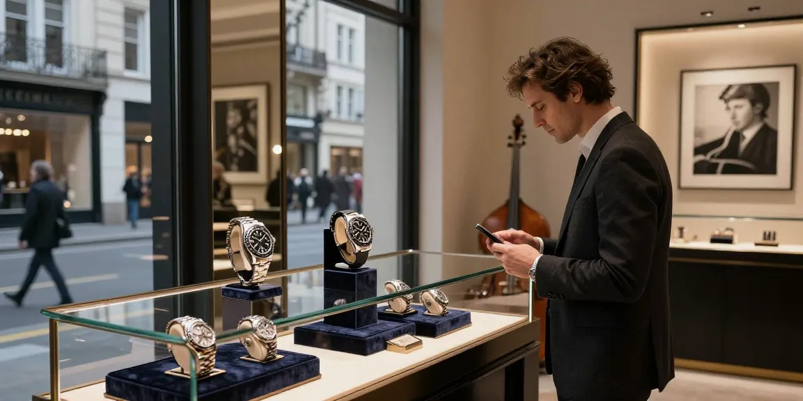 Elegant display of super clone watches in a luxury boutique, showcasing a customer examining Rolex Daytona.