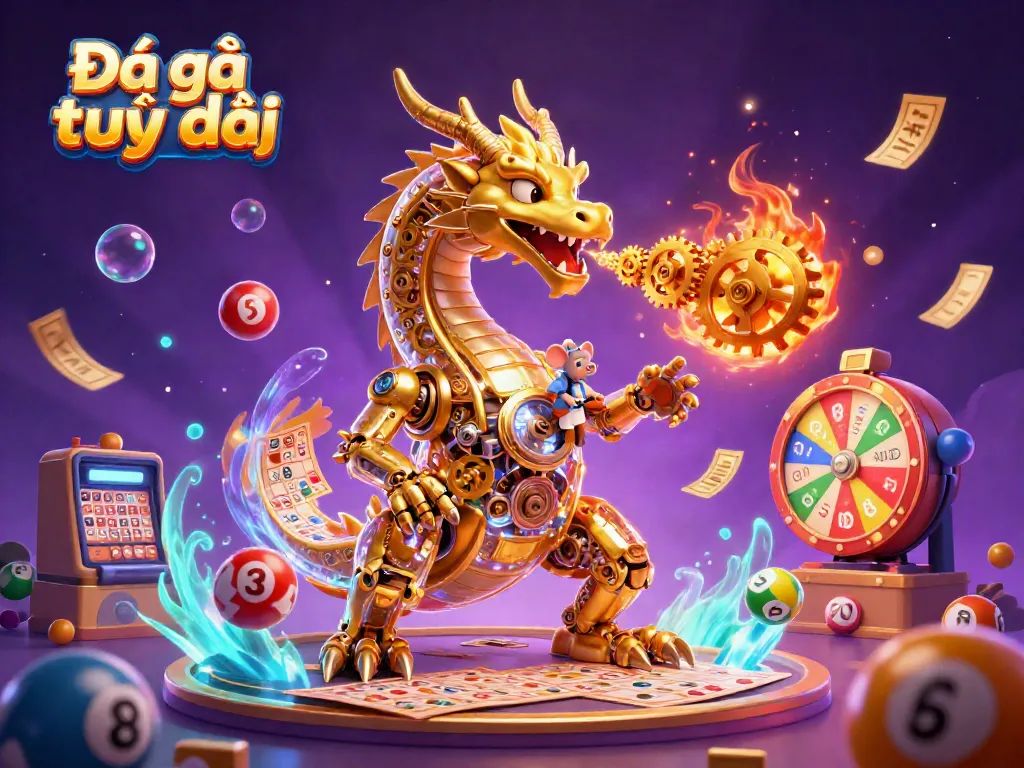 Engage in Đá gà trực tiếp with a captivating 3D scene featuring dragons, lottery elements, and vibrant energy.