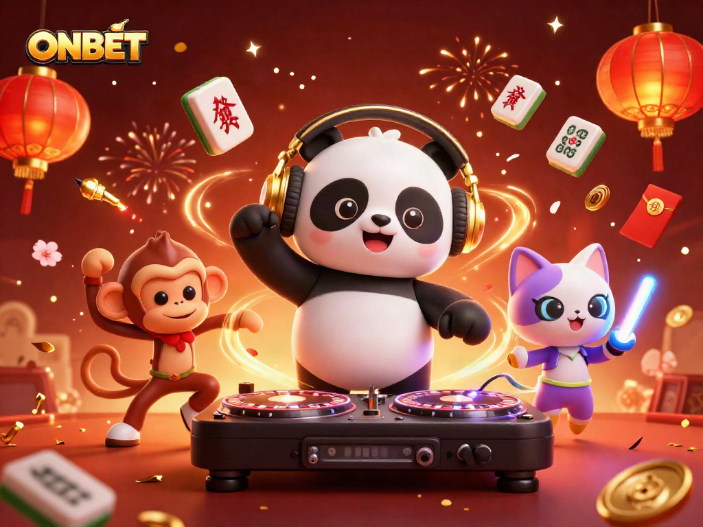 Experience the vibrant energy of ONBET with a lively DJ panda and friends at a colorful casino party.