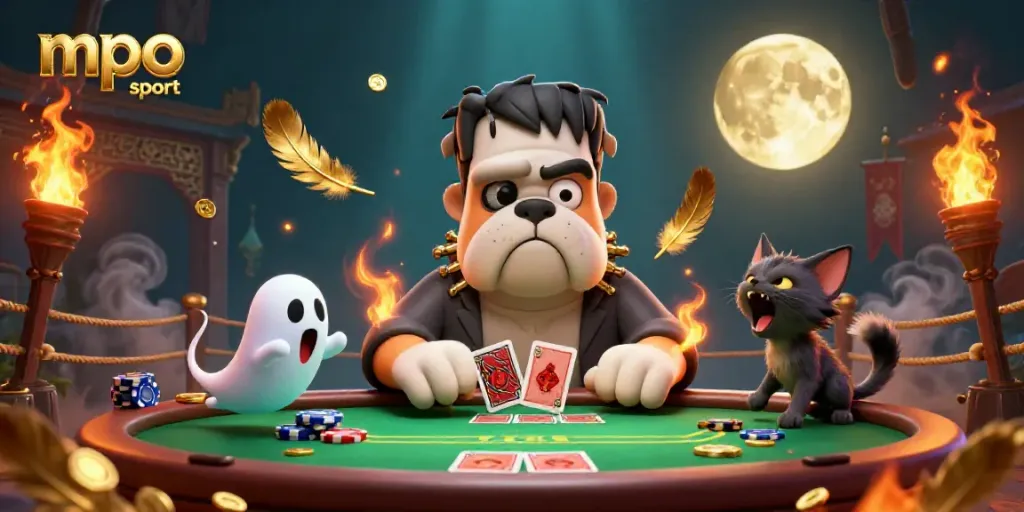 Experience the thrill of mpo sport in a spooky casino scene featuring unique characters and vibrant game elements.