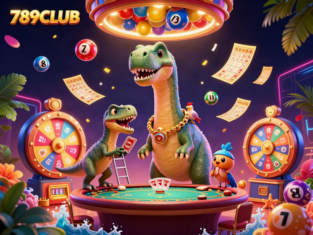 Experience the excitement of 789CLUB with a giant brontosaurus overseeing a vibrant casino scene full of games.