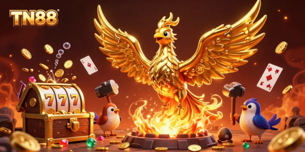 Experience the excitement at TN88 with the golden phoenix, gold coins, and dynamic casino elements.