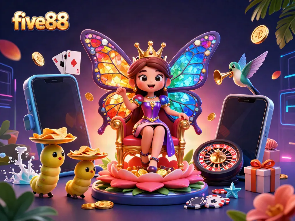 Experience exciting gaming adventures with five88 in this lively casino-themed illustration.