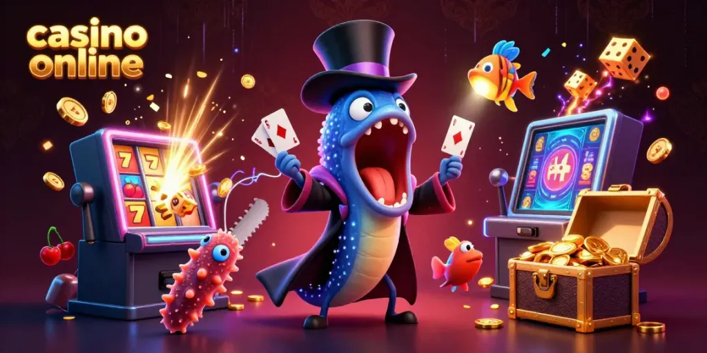 Engaging casino online scene showcasing a bioluminescent gulper eel magician, anglerfish, and sea cucumber in a vibrant, magical environment.
