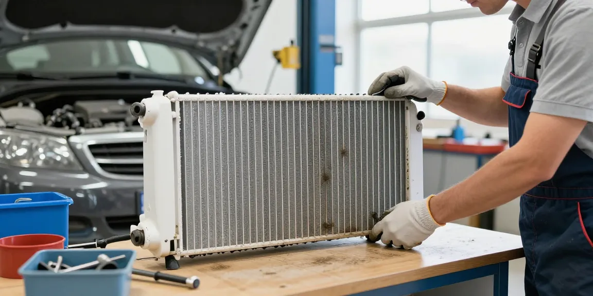 A trusted nearby mechanic inspecting a dirty car radiator in a clean auto repair shop.