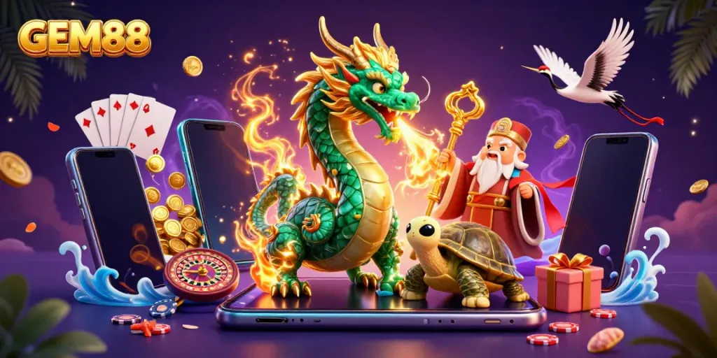 Experience thrilling gameplay at GEM88 with the mythical jade dragon and vibrant casino elements.