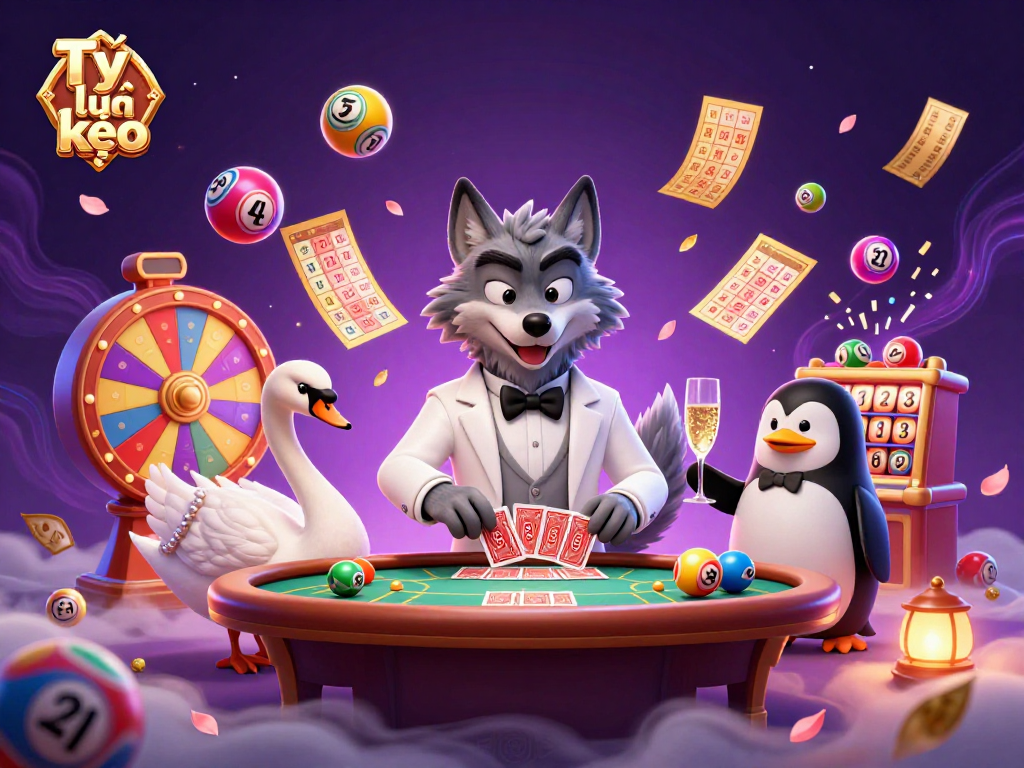 Tỷ lệ kèo betting elements come alive in a vibrant casino scene with a stylish wolf, swan dealer, and penguin sommelier.