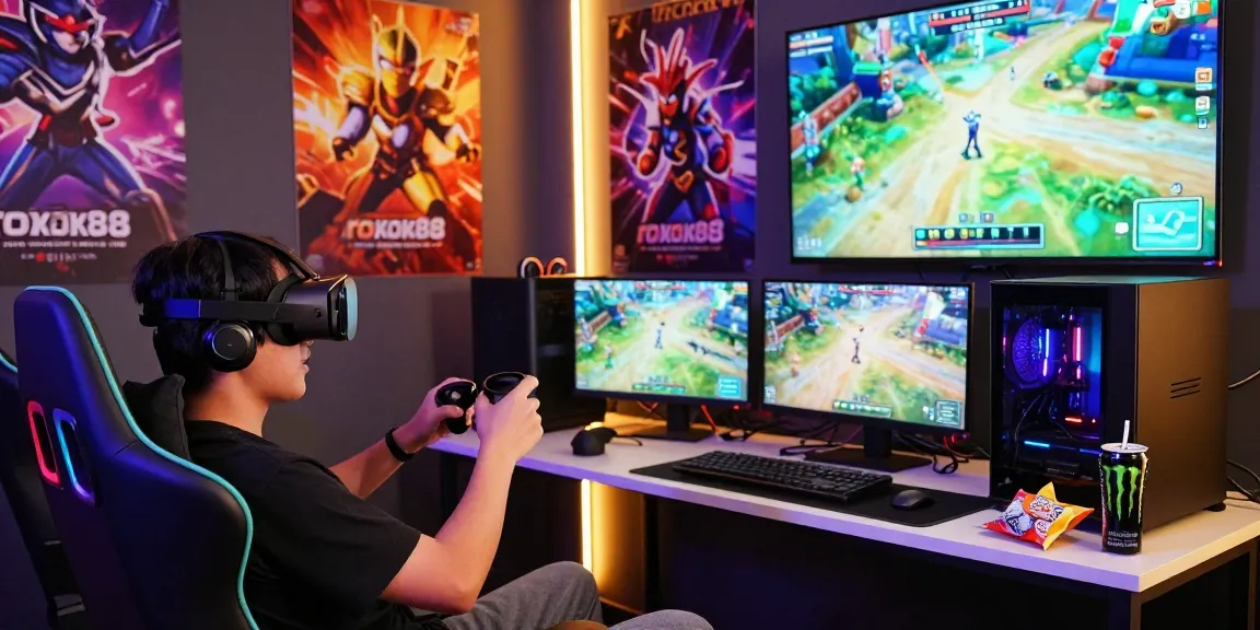 Exciting rokok88 gaming scene with VR setup and dynamic atmosphere.