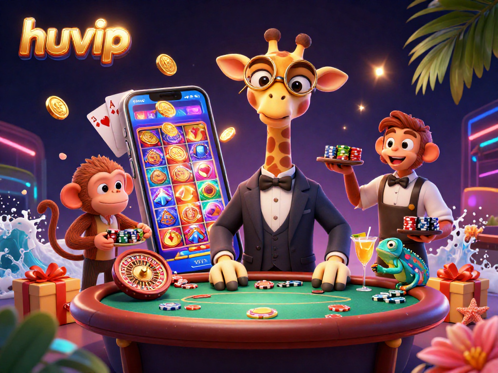 Play with huvip's unique games featuring a high-roller giraffe, surrounded by vibrant casino elements.
