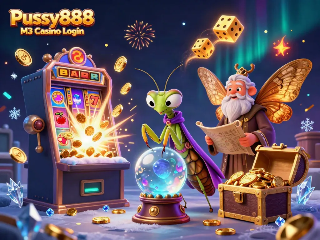 Pussy888 M3 Casino Login engaging scene with a fortune teller and a librarian surrounded by winning slots, coins, and magic elements