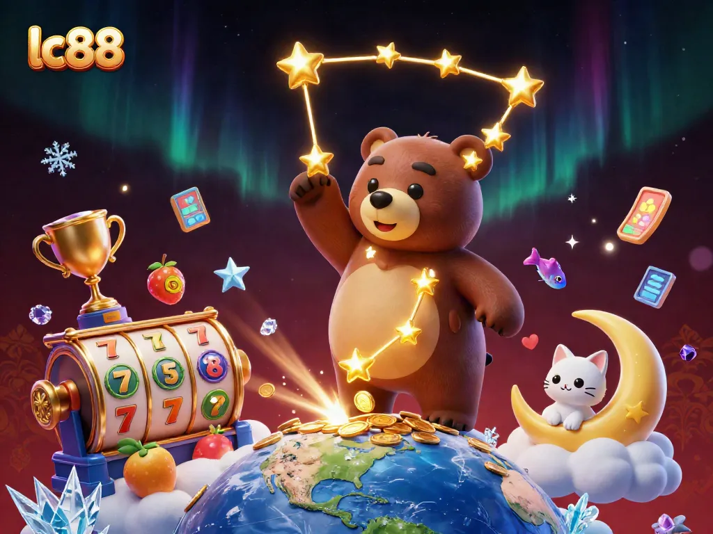 Experience exciting gameplay at lc88 with colorful slot elements and a whimsical celestial scene.