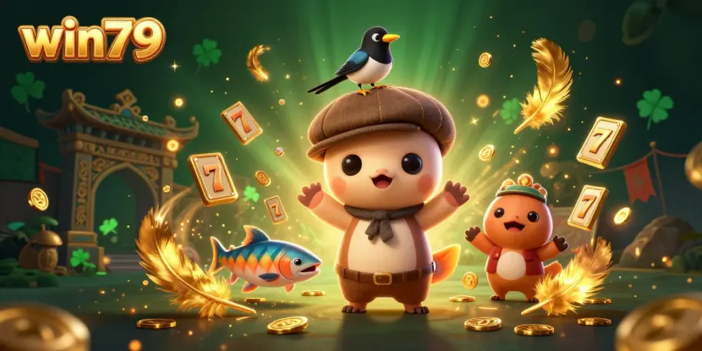 Win79 invites players to spin and win with vibrant casino characters and dynamic game elements in an exciting 3D scene.