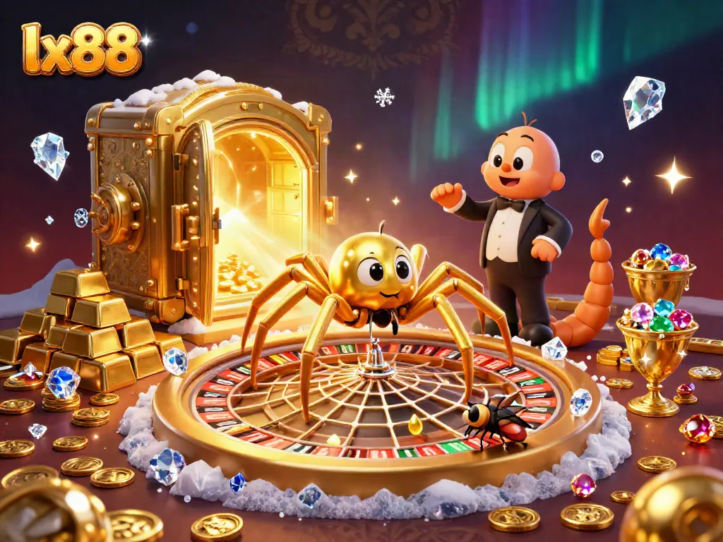 Engage in thrilling gambling with the lx88 roulette wheel scene featuring a golden spider and a centipede croupier.
