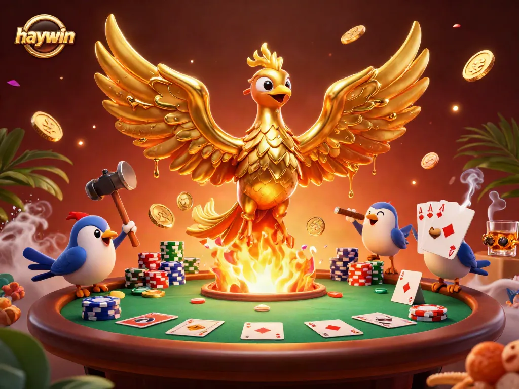Experience thrilling gameplay with haywin's 3D golden phoenix surrounded by poker excitement.