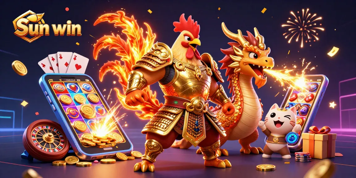 Play exciting slots and games at Sun win, featuring dynamic characters and vibrant casino elements.