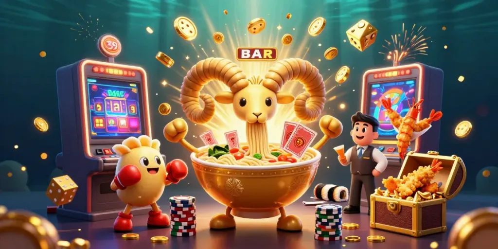 Experience thrilling gameplay with E39 in a vibrant 3D casino scene featuring a golden ramen bowl dealer.