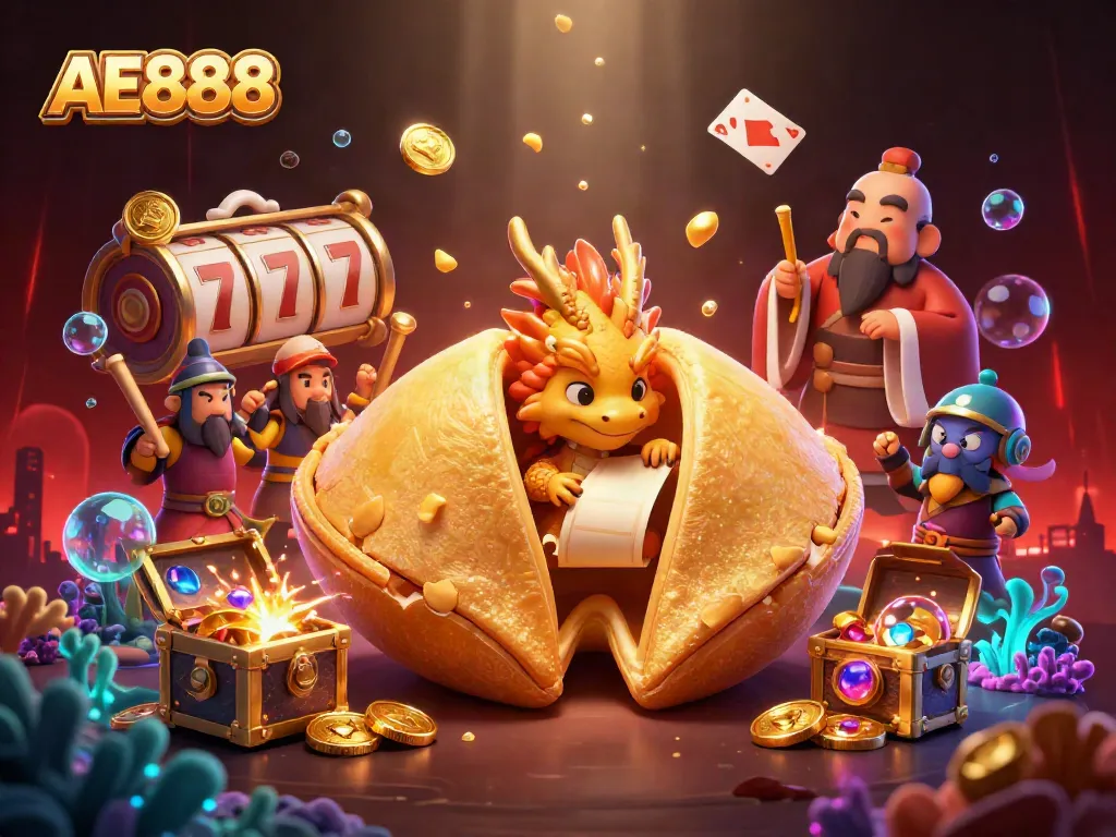 Engage in thrilling gameplay with AE888, featuring a golden cookie, a wise dragon, and casino symbols.