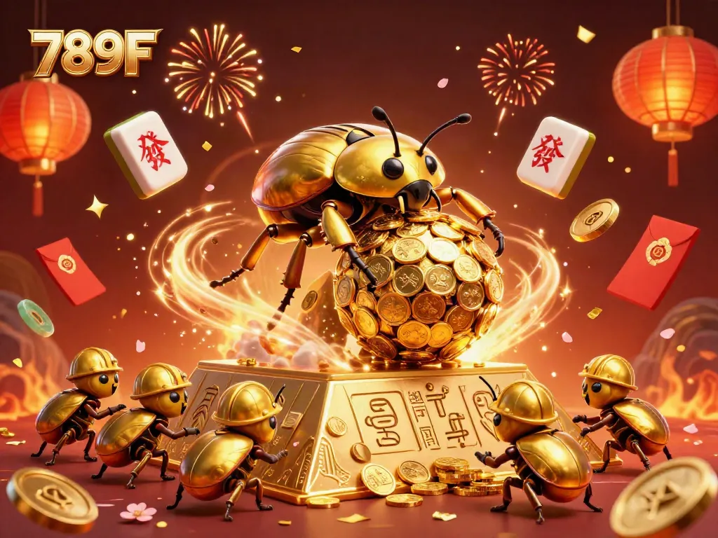 Join 789F's thrilling adventure with a golden beetle rolling coins in this vibrant casino world.
