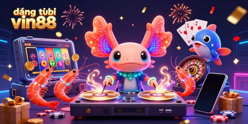 Experience the excitement of đăng ký vin88 with vibrant 3D casino characters and dynamic game elements in a colorful celebration scene.