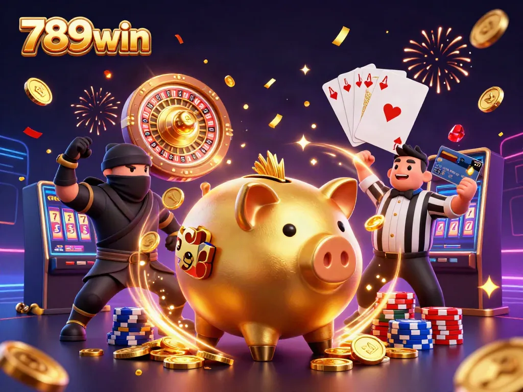 Experience excitement with 789win's lively scene featuring a golden piggy bank sumo wrestler and dynamic gameplay elements.
