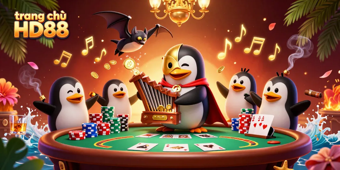 Experience vibrant gameplay at trang chủ HD88, featuring animated characters and poker elements in a dynamic casino scene.