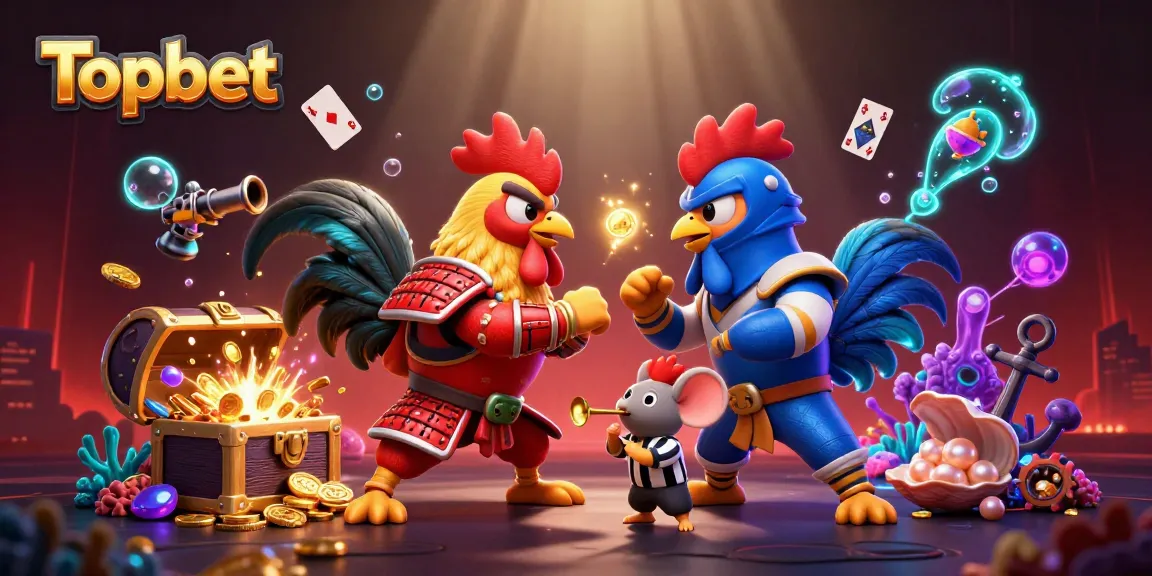 Engage with Topbet's vibrant casino world featuring dynamic cockfighting and treasure elements.