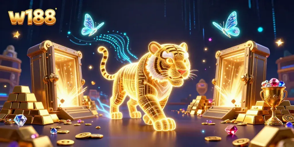 Experience the thrilling w188 casino magic with a golden tiger and dazzling treasures in a vibrant digital landscape.