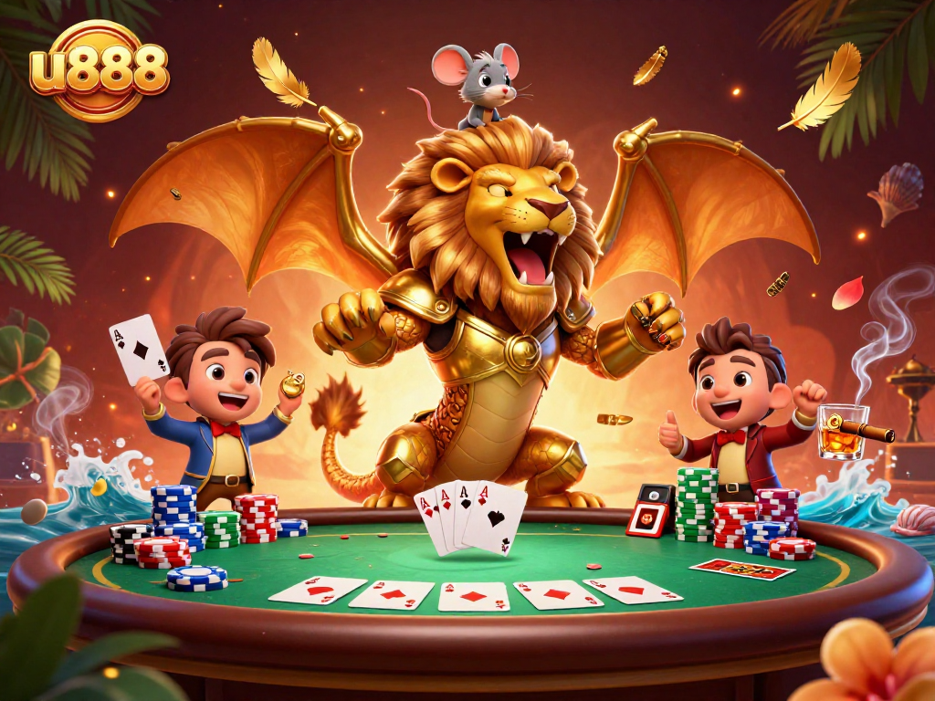 Experience thrilling wins at u888 with a glorious chimera, poker table, and vibrant gaming elements!