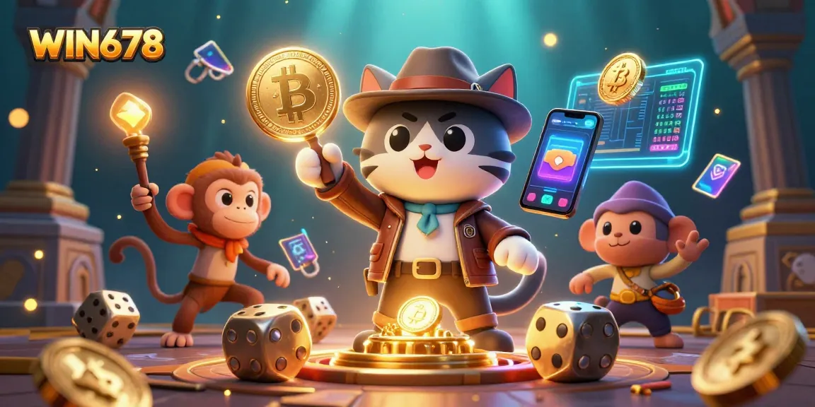 Win678 showcases an adventurous scene with a cat archaeologist uncovering golden casino treasures.
