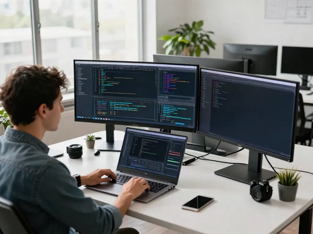 Developer coding in a tech workspace focusing on instant indexing techniques.