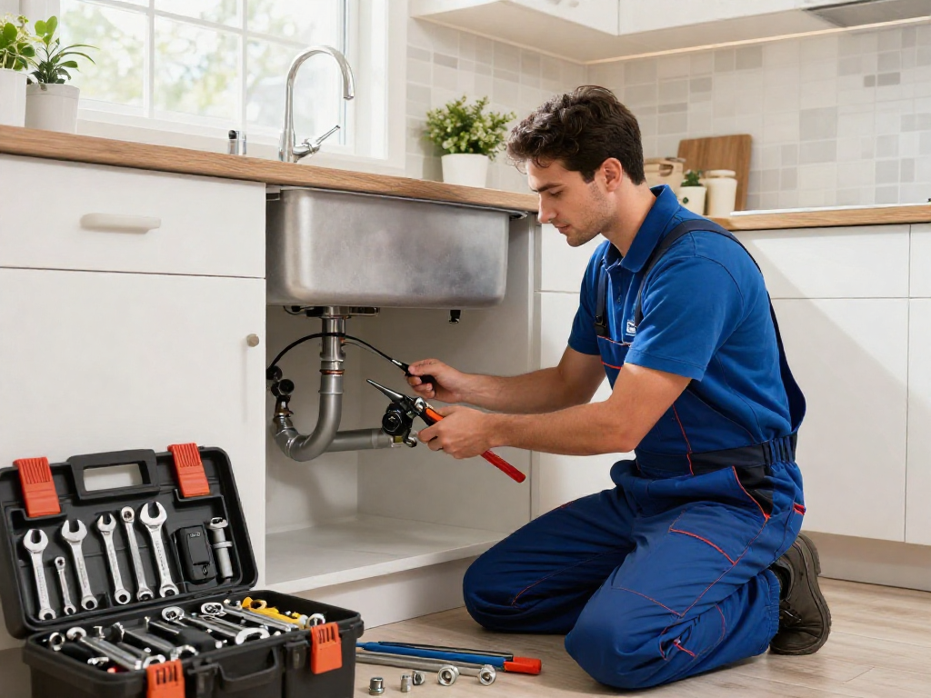Professional plumber from Blue Moon Plumbing and Rooter repairing pipes under a stylish kitchen sink, showcasing expertise and quality service.