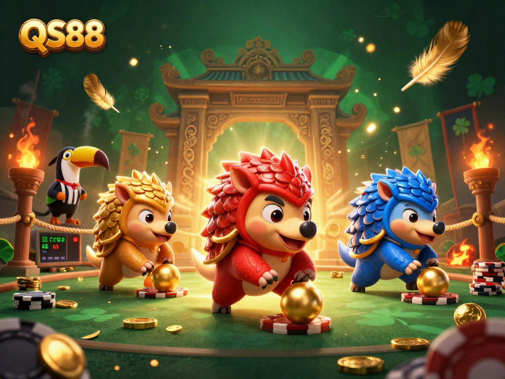 Experience exciting gameplay at QS88 with rival pangolins battling amidst poker chips and golden treasures.
