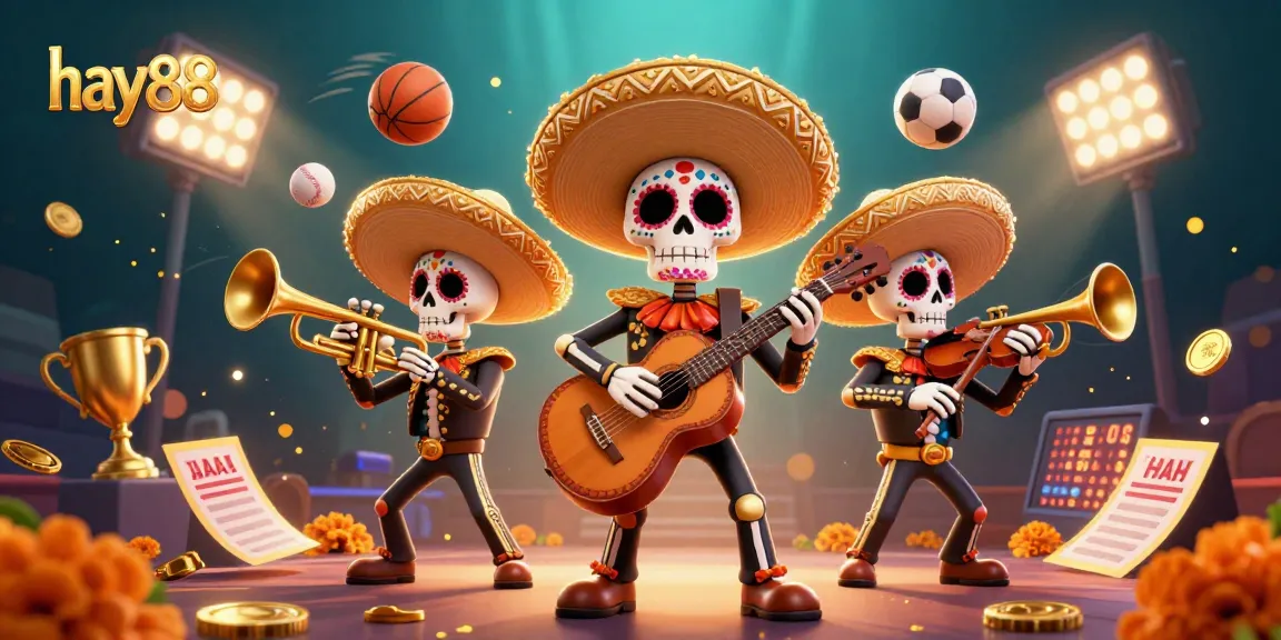Experience the thrilling world of hay88 with a vibrant casino scene featuring dynamic sports elements and a lively mariachi band.