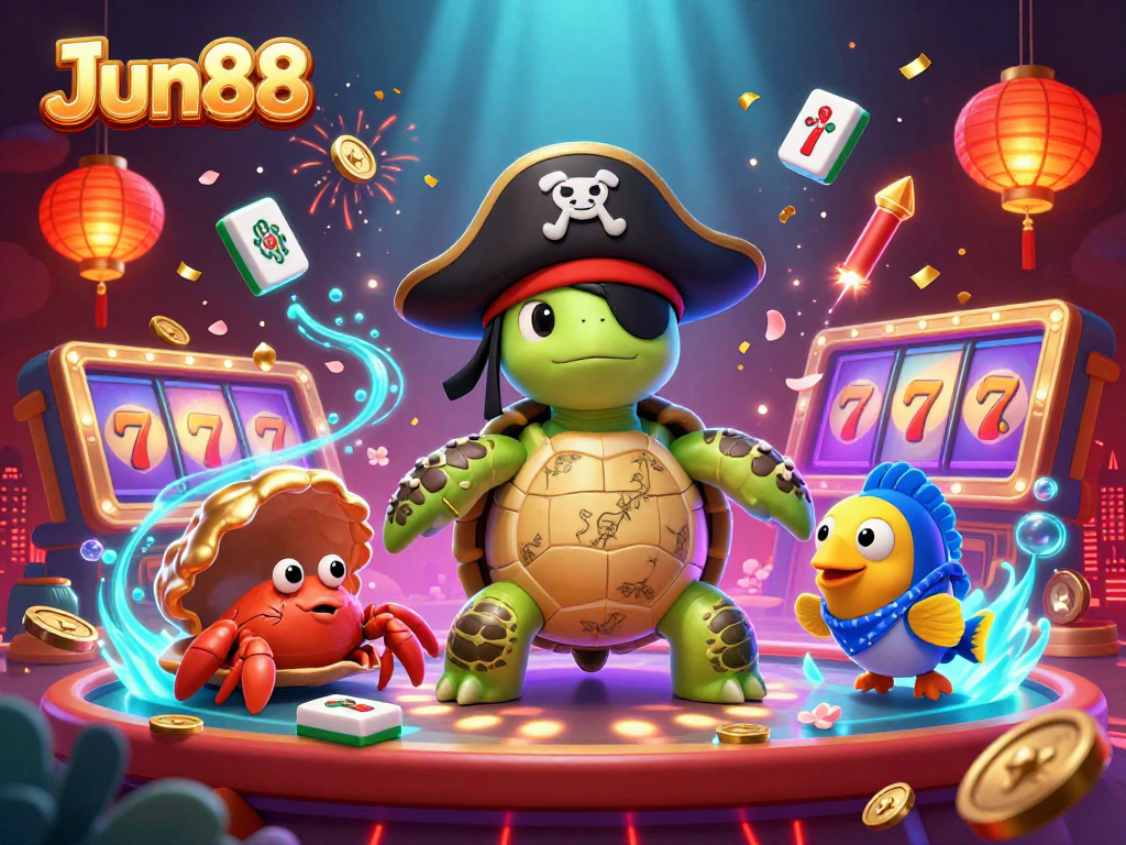 Experience the vibrant underwater casino scene with Jun88's pirate turtle and friends amidst spinning treasures.