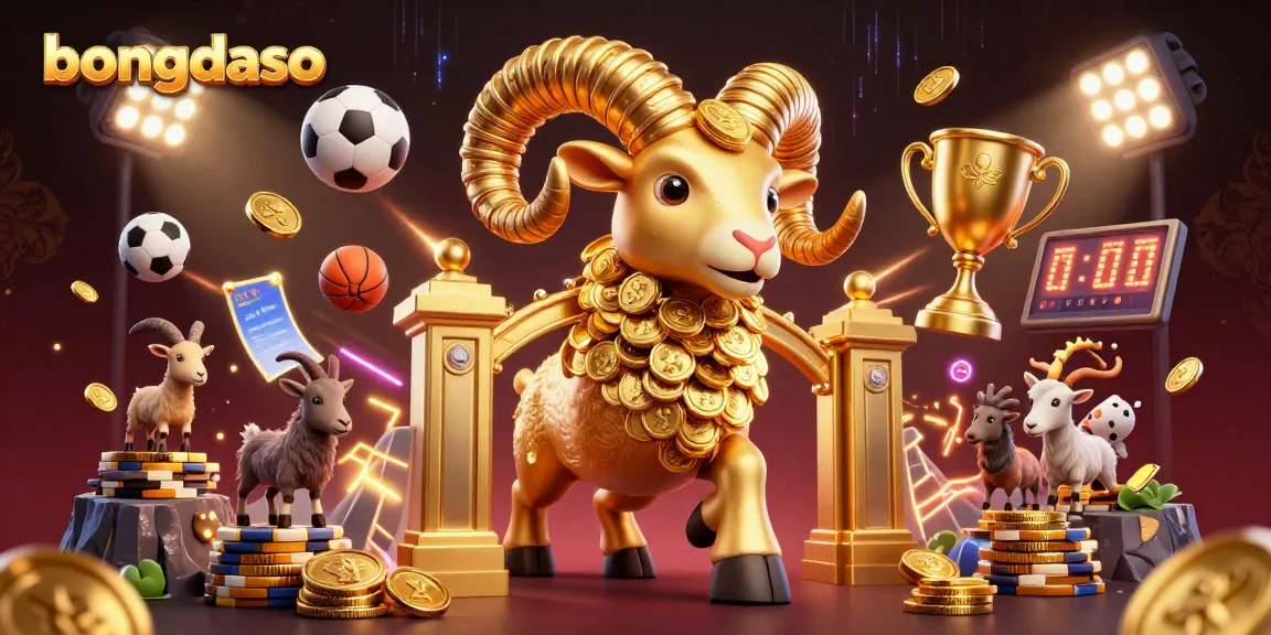 Bongdaso ram charges through golden gates, surrounded by dynamic sports elements for an engaging gambling scene.